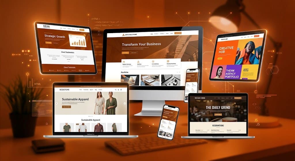Website mockup collage on a bright orange background showing a creative agency landing page and a sustainable apparel storefront